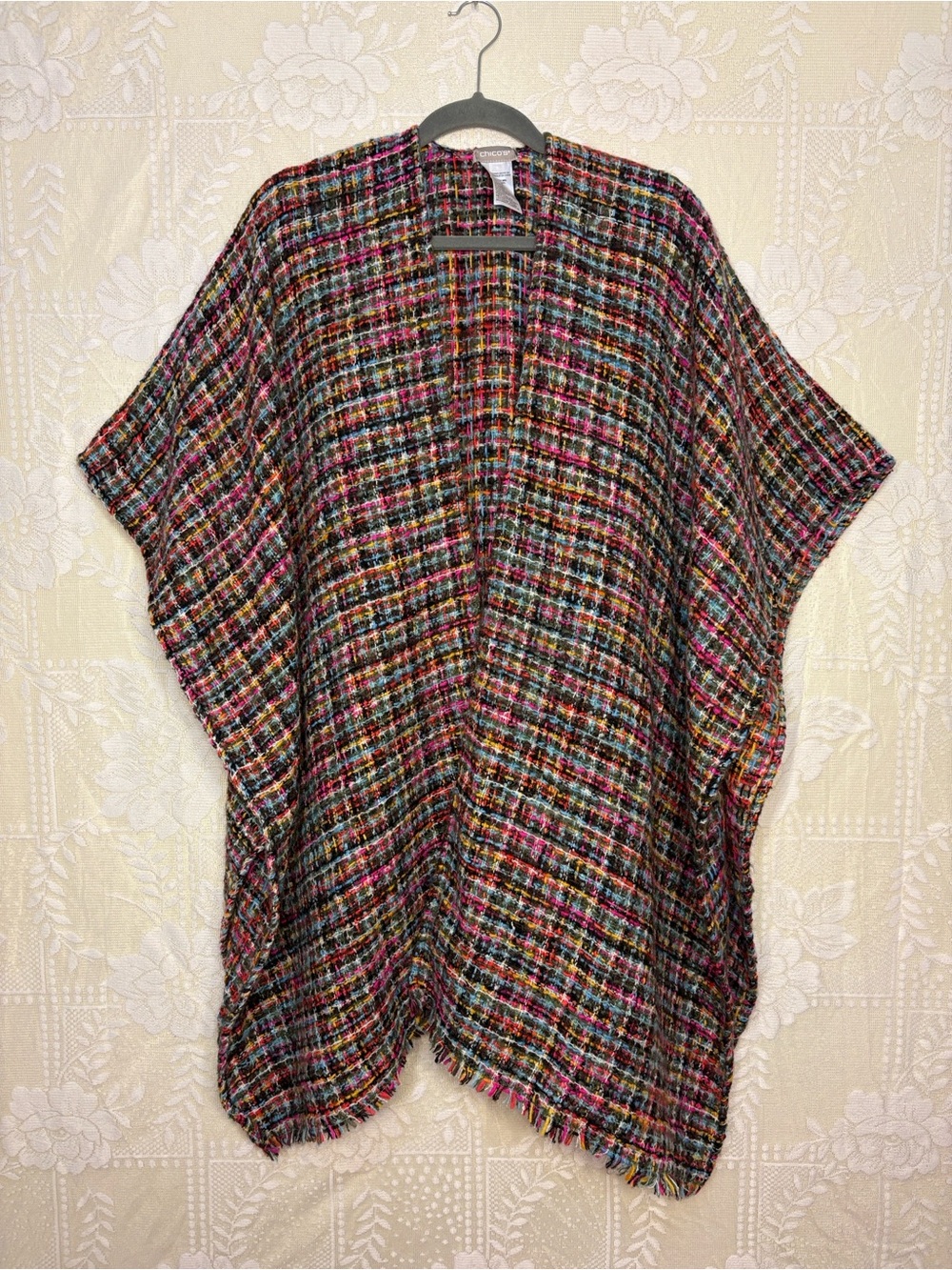 Chico’s Playful Multicolor Tweed Open-Front Women's Sweater Poncho with Fringe